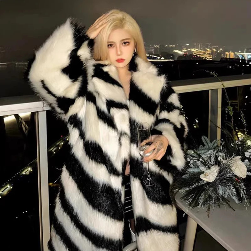 Womens spice sexy zebra fur coat fox medium long winter thick 240824