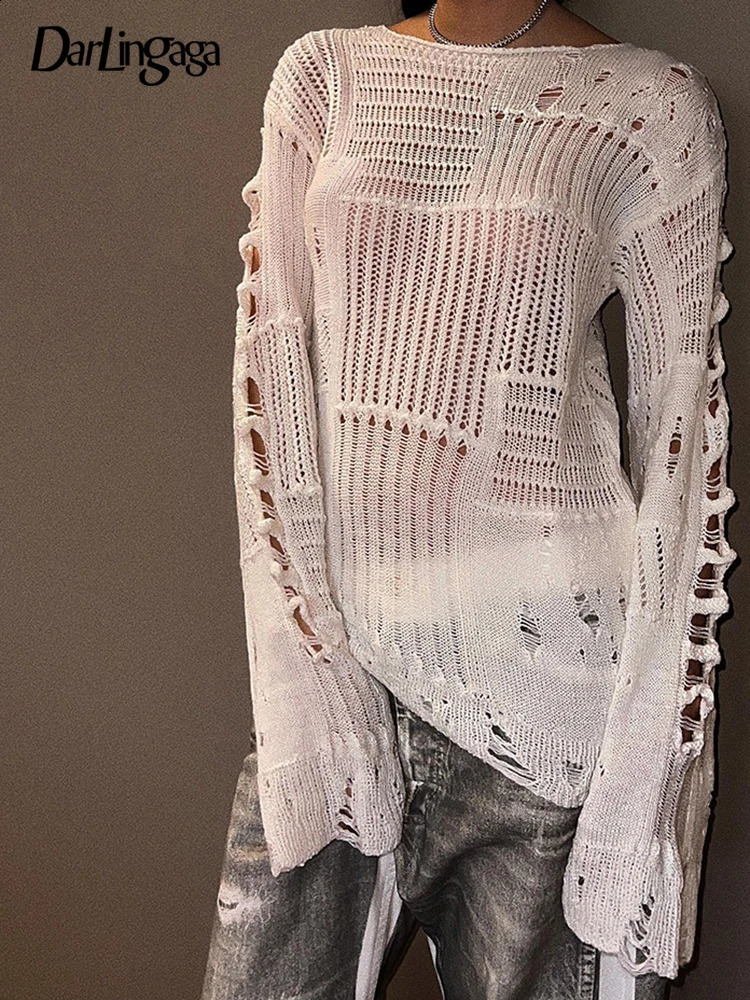 Darlingaga Vintage White Ripped Hole Grunge Sweater Women Casual Loose Jumper Solid Long Pullovers Knitted Hollow Out Holidays 240824