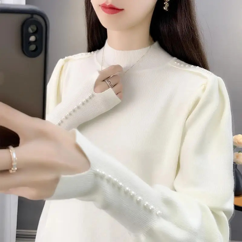 Half-turtleneck Beaded Sweater Womens Base Layer Autumn and Winter Pullover Puff Sleeve Knit Top 240824