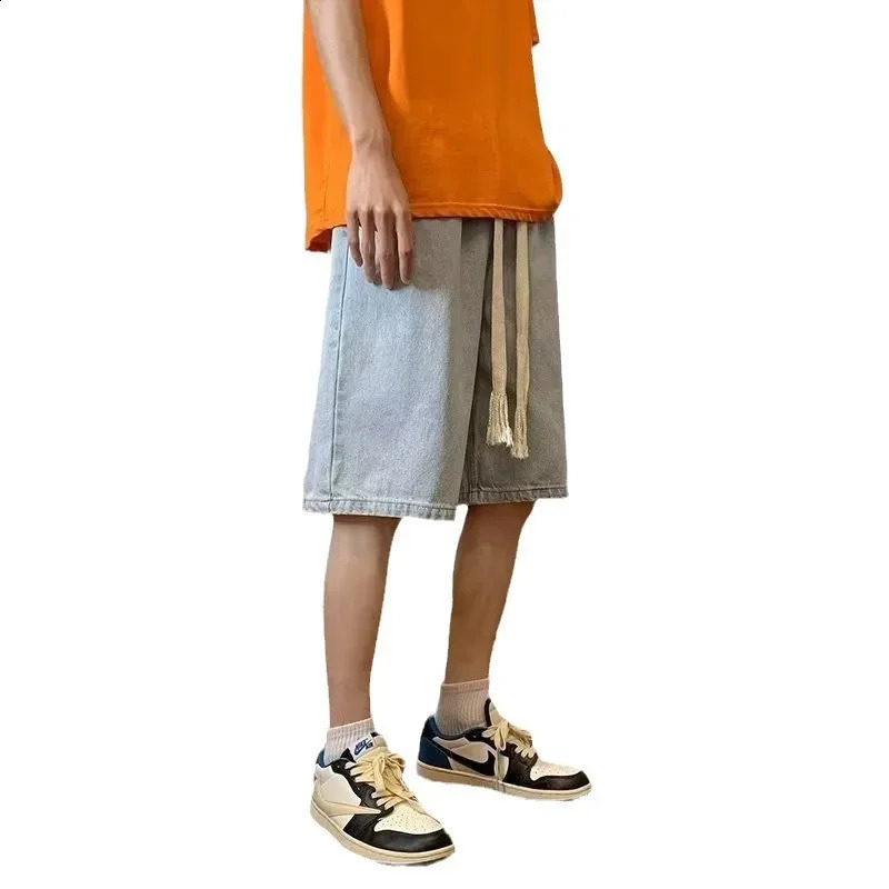 Hong Kong Style Vintage Denim Shorts For Men Summer Light Blue Stocked Hip Hop Style Wide Leg Pants Hip Hop Fashion 240824