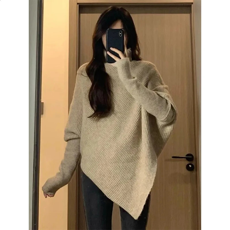 MEXZT Irregular Turtleneck Sweater Women Vintage Knitted Pullovers Korean Asymmetrical Knitwears Streetwear Casual Chic Jumper 240824