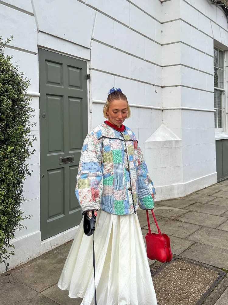 Women's Jackets Fashionable womens pocket single breasted cotton jacket fashionable floral print long Sleve quilted jacket 2024 autumn womens T-s