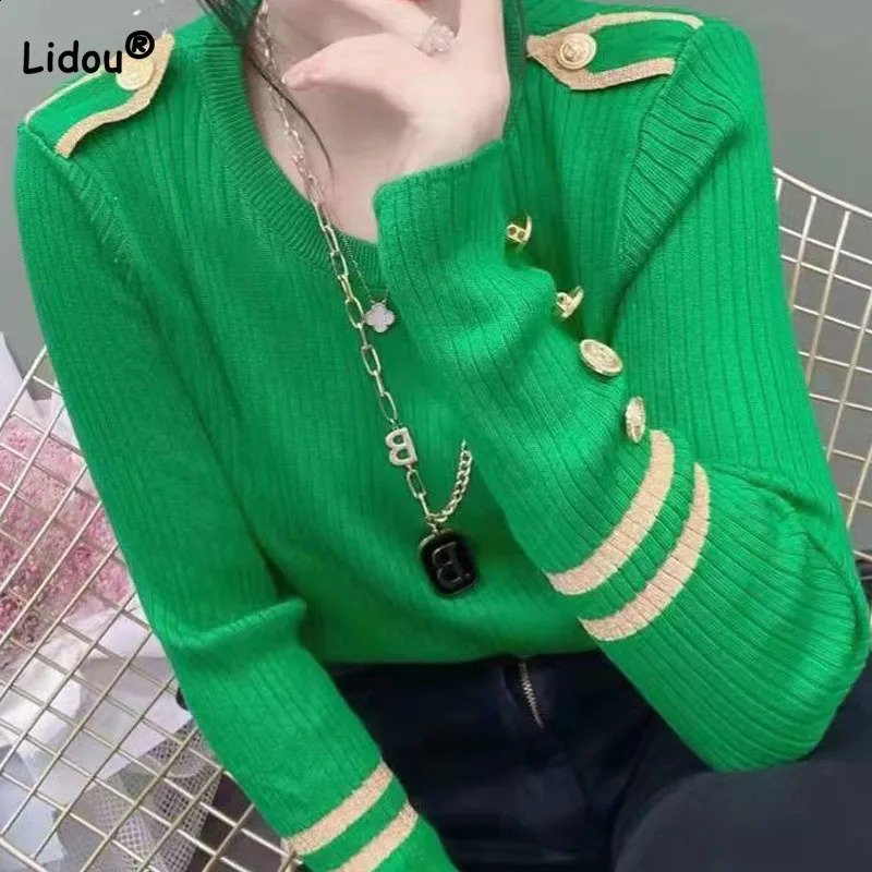 Autumn Winter Korean Commute Solid Color Knitted Tops for Female Fashion All-match Button Spliced Sweaters Womens Clothing 240824