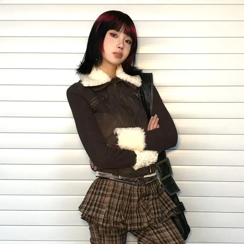 Karrram Japanese Y2k Fur Coat Womens Retro Brown Knitted Jacket Korean Zipper Winter 2000s Aesthetics 240824