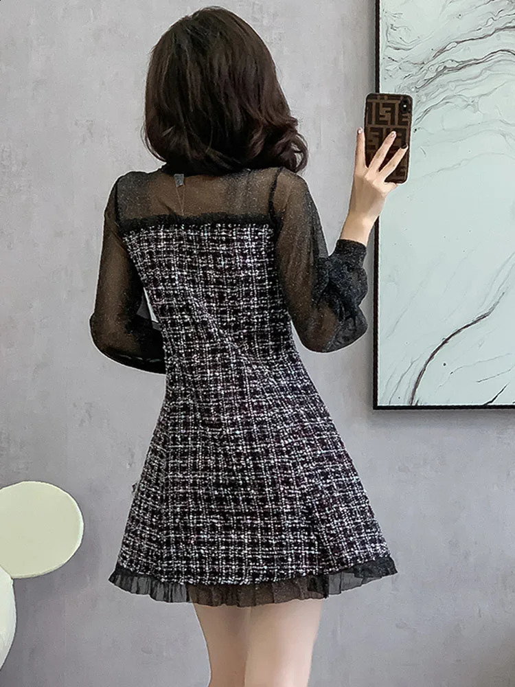 Korean Small Fragrant Tweed Dress Sweet Tie Long Sleeve Patchwork Single Breasted Casual Dresses Vintage Clothes For Woman 240824