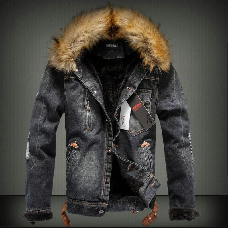 Mens Fashion Retro Plush Denim Jacket Casual Tear Patch 240824