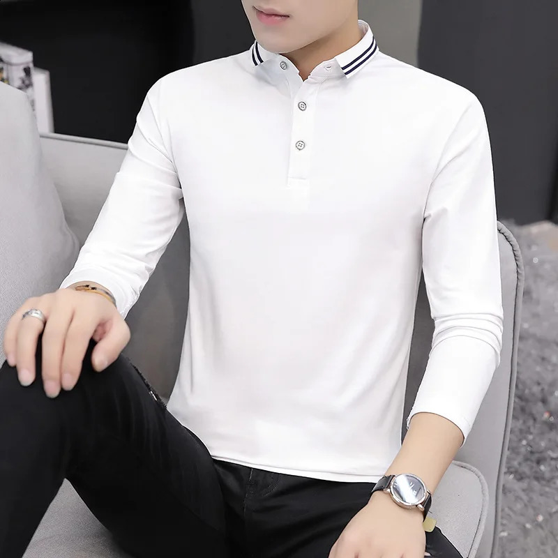Spring and Autumn Long-sleeved Mens Polo Shirt Lapel T-shirt Korean Mens Collared Mens T-shirt Bottoming Shirt 240824