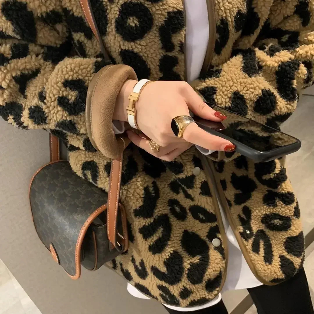 womens casual jacket single chest faux fur leopard print long sleeved winter clothing outerwear streetwear 240824