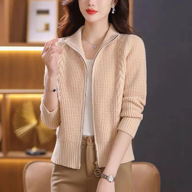 Women Clothing Vintage Stand Collar Knitwear Fashion Loose Double Zipper Long Sleeved Knitted Cardigan Sweater Autumn Winter Top 240824