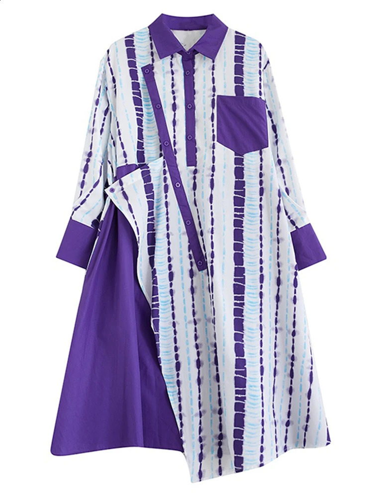 XITAO Loose Asymmetric Print Shirt Dress Fashion Contrast Color Patchwork Women Autumn Trend Striped Irregular Dress DMJ4164 240824