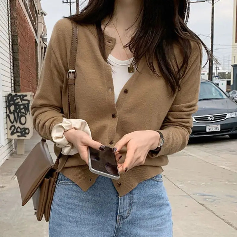 Womens Autumn Style Fashion Simplicity Solid Color O-neck Long Sleeve Sweater Coat Women Clothes All-match Loose Tops 240824