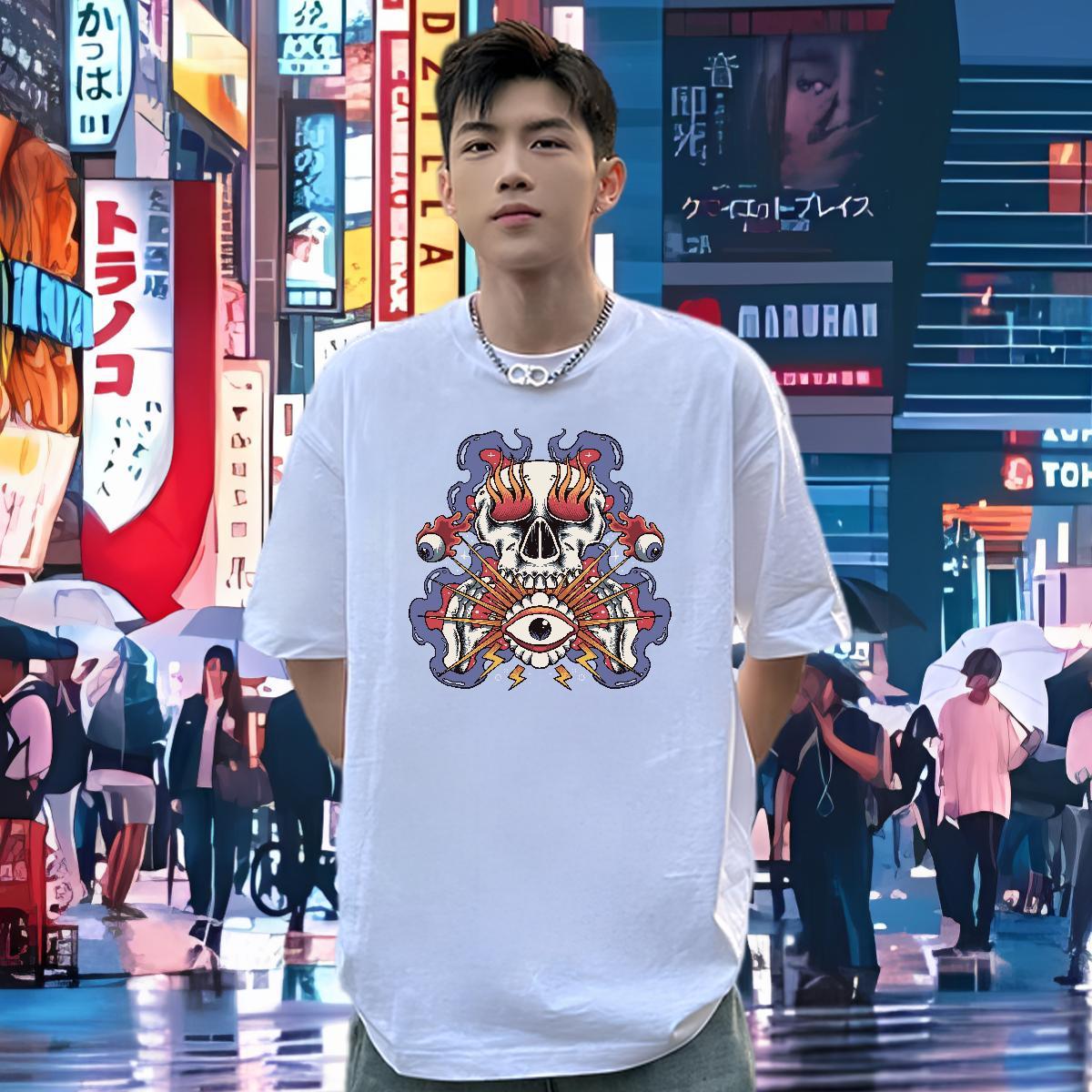 Wholesale T Shirts Men 230g Cotton skull Summer Casual Black Oversized Short Sleeve Soft Men Tees 2024 Tops