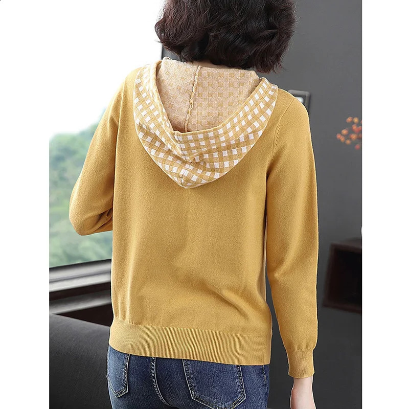 Autumn Hooded Versatile Pullover Top Drawstring Patchwork Button Long Sleeve Solid Women Casual Straight Knitted Sweater 240824
