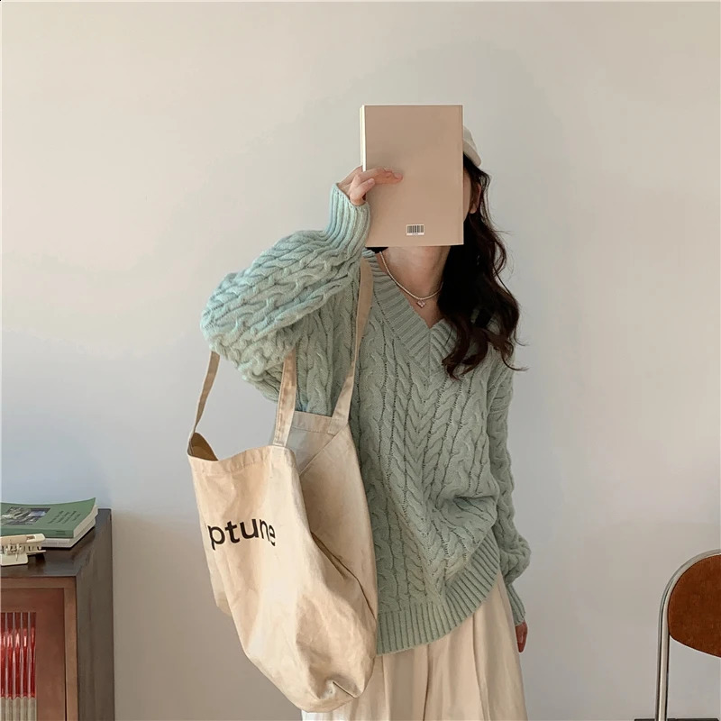 Solid Sweater Women Korean Fashion V Neck Knitted Pullovers Pink Long Sleeve Knitwear Winter Streetwear Casual Jumpers Tops 240824