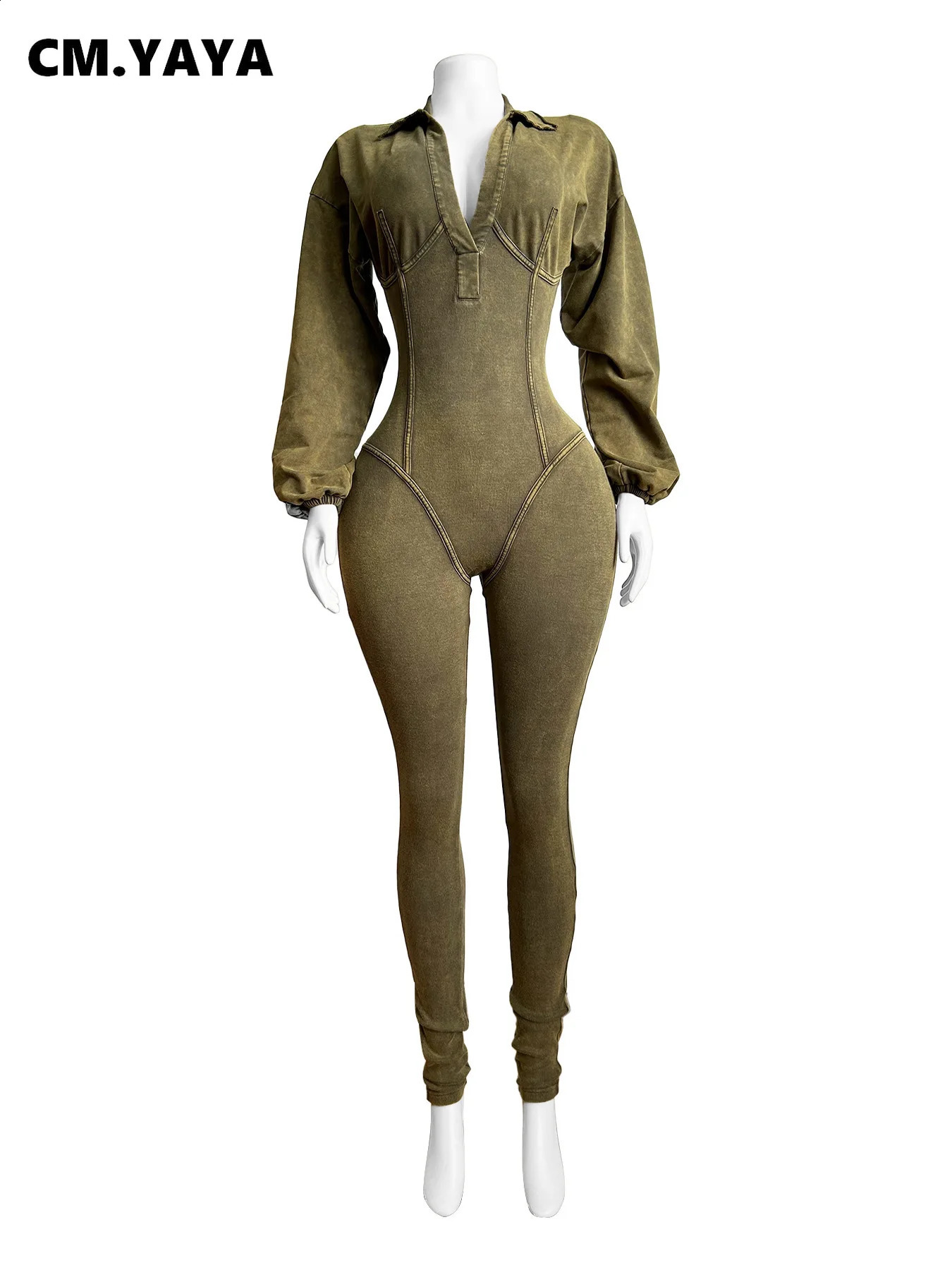 CMYAYA Fashion Women Knit Ribbed Long Sleeve Moto Biker Jumpsuits 2024 Autumn Washed Street Playsuit Suit Romper 240823