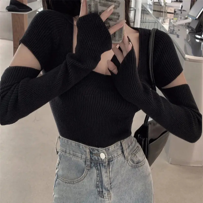 Sexy Cropped Pullovers Tops Womens Clothing Pull Femme Square Collar Tunic Knitwear Jumper Korean Fashion Knit Sweater 240824