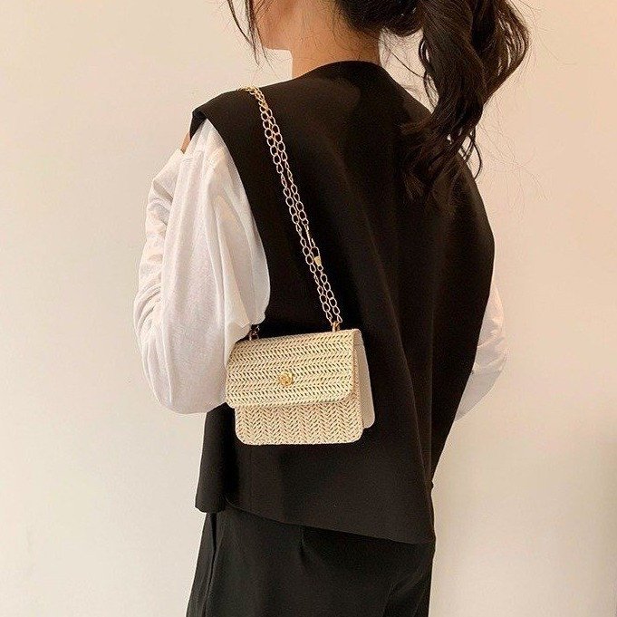 Straw woven bag woven bag lid type sewing thread shoulder bag chain small square bag