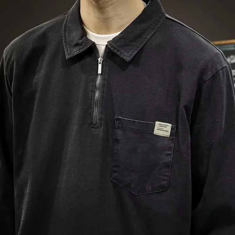 trendy Preppy Style Color Block Long Sleeve Polo Shirt Men Embroidery Letter Style Vintage Loose-fit Half-zip Sweatshirt 240824