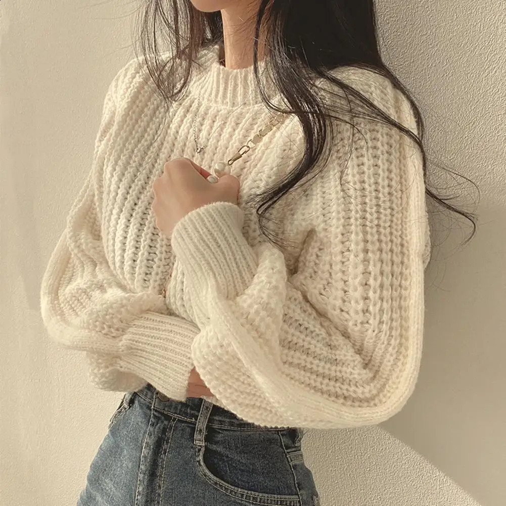 Knit Top with Puff Sleeves Cozy Ribbed Trim Pullover Sweater for Women Autumn Winter Knitting Top with Puff Long Sleeve Solid 240824