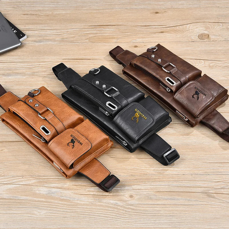 WEIXIER Mens Waist Bag Pu Leather Male Fanny Pack Male Shoulder Chest Bags for Phone Travel Man Belt Pouch Banana Bum Bags 241223