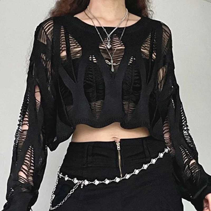 Hollow Out Pullovers Women Black Autumn Streetwear Personality Casual Loose Korean Style Fashion Solid Sexy Knitwear Grunge 240824