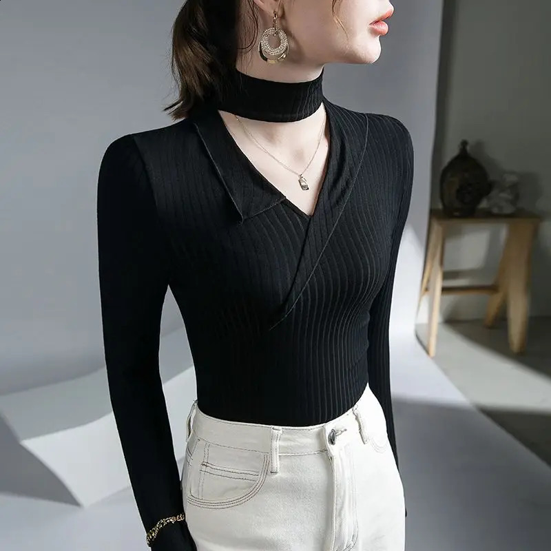 Elegant Fashion Hollow Halter Solid Color All-match Long Sleeve Tops Sexy Slim Spliced Knitted Sweaters Jumpers Womens Clothing 240824