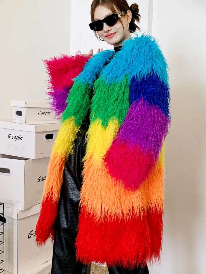 Original n Rainbow faux fur coat womens spliced contrasting color long jacket furry winter 240824