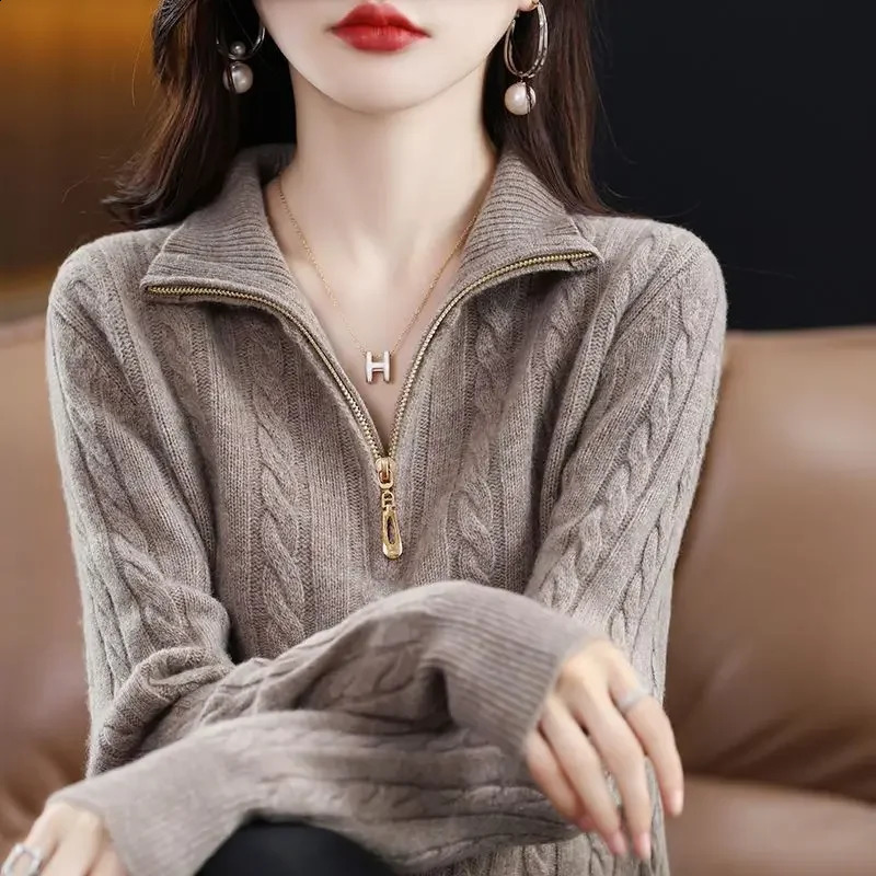 Women Autumn and Winter Half-turtleneck Zipper Sweater Pullover Warm Solid Wavy Lines Loose and Versatile Long Sleeves Top 240824
