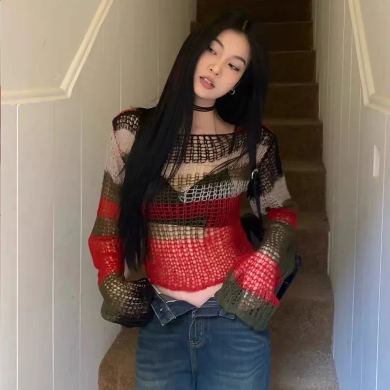 HOUZHOU Y2k Aesthetics Crop Knit Tops Vintage Grunge Hollow Out Jumpers Japanese 2000s Hole Pullover Korean Dongdaemun Knitwear 240824