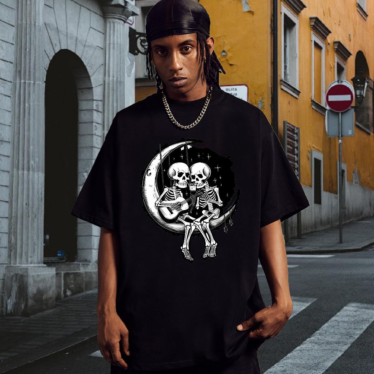 Free Shipping Mens T Shirts 230g 100% Cotton moon Hip Hop Skull Breathable Short Sleeve Couples T Shirts 2024 Top Tees