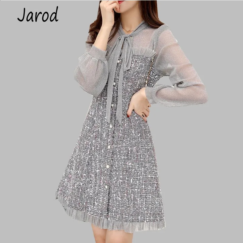 Autumn Ruffles chiffon Patchwork tweed Dress Female Elegant Bow Tie Long sleeve party Dress Vestido Robe Femme 240824