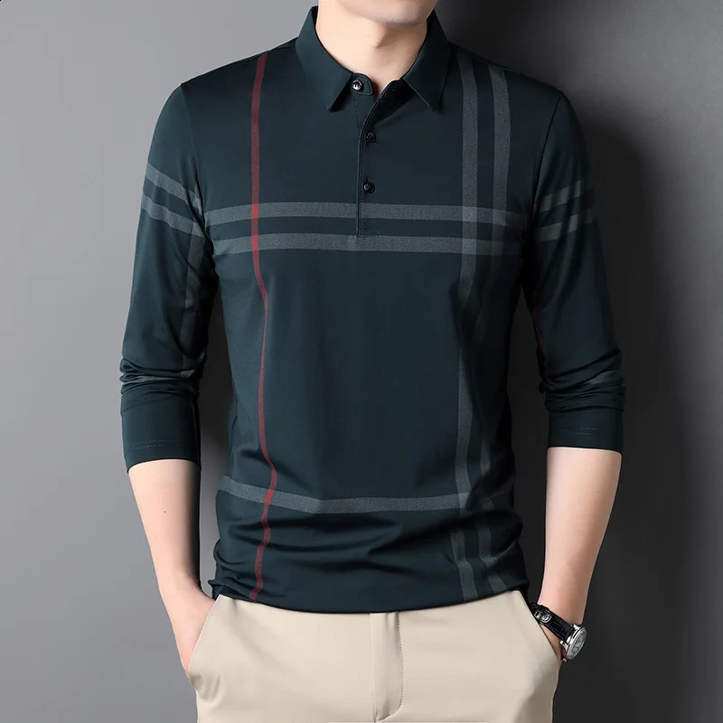 Spring Autumn Business Casual Slim Polo Shirts Men Korean Fashion Striped Lapel Button Long Sleeve T-shirt Ropa Hombre 240824