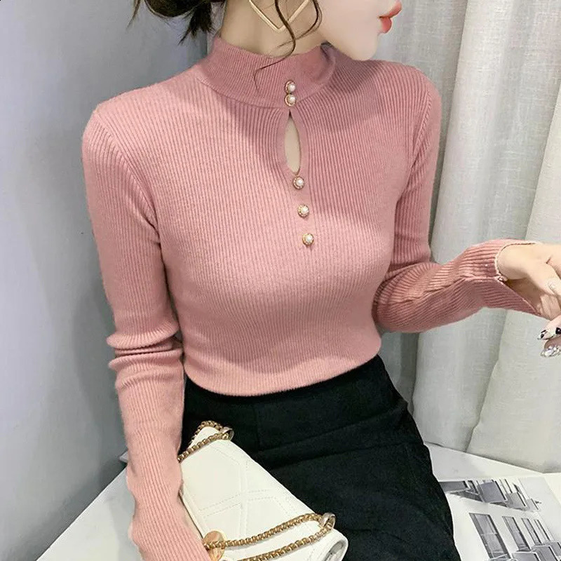 Autumn Winter Korean Basic Top Female Sexy Hollow Chic Elegant Slim Pullover Knitted Sweater Long Sleeve Womens Clothing Jumper 240824