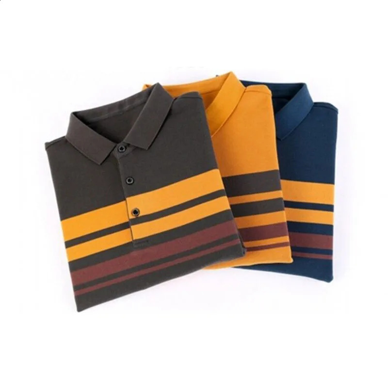 Cotton Men Fashion Striped Polo Shirts Spring Autumn Loose Clothing Lapel Pullover Tee Business Casual Long Sleeve Tops 240824