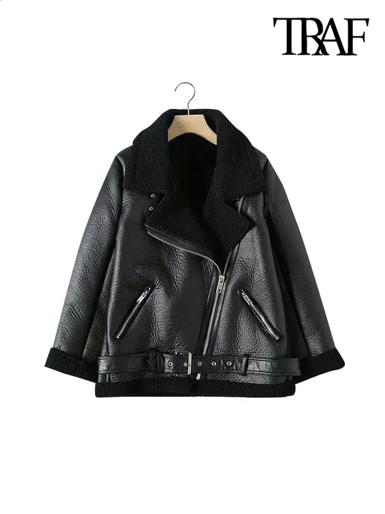 TRAF Womens Thick Warm Winter Fur Artificial Leather Oversized Jacket Long Sleeve Wear Fashion Top w240824