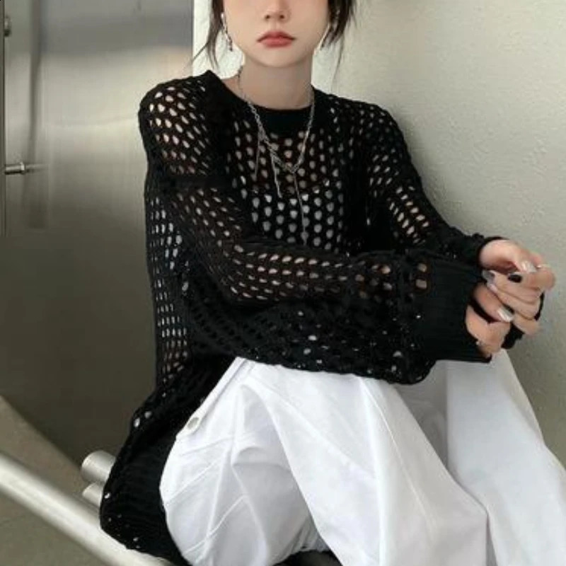 Hollow Out Pullovers Women Summer Long Style Baggy Clothing Knitting Casual Holiday Female Aesthetic Tender Minority Drape Ins 240824