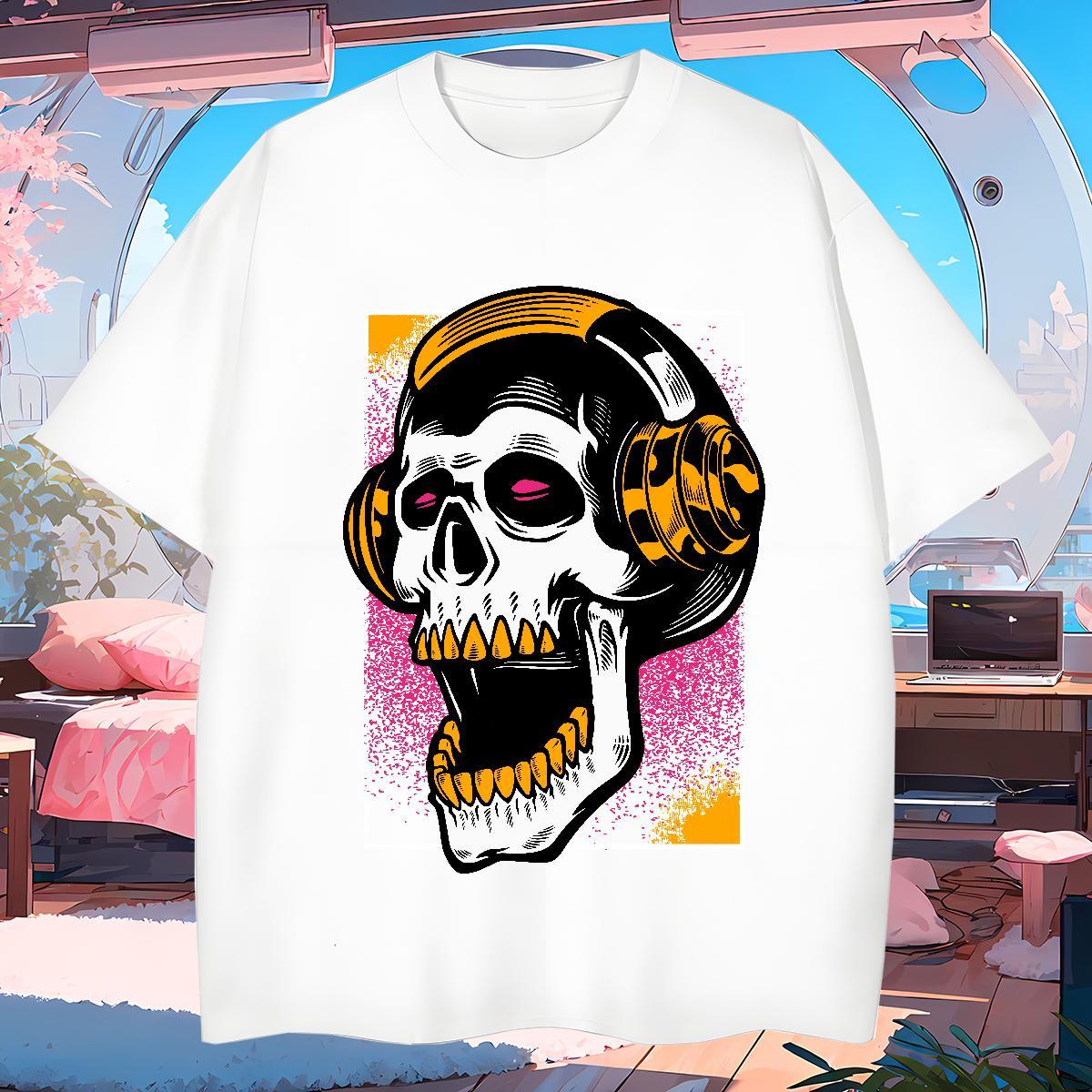 Free Shipping T-Shirts for Men 230g Cotton skull Street Wear Cartoon Printing L-4XL Crew Neck Breathable Men Clothes T-Shirt DIY Customized Tee Shirt
