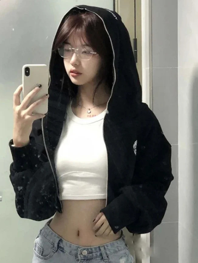Streetwear Hoodies Women Harajuku Casual Hooded Zipper Jackets Crop Tops Ropa Mujer Casual Korean Fashion Y2k Sweatshirt 240824