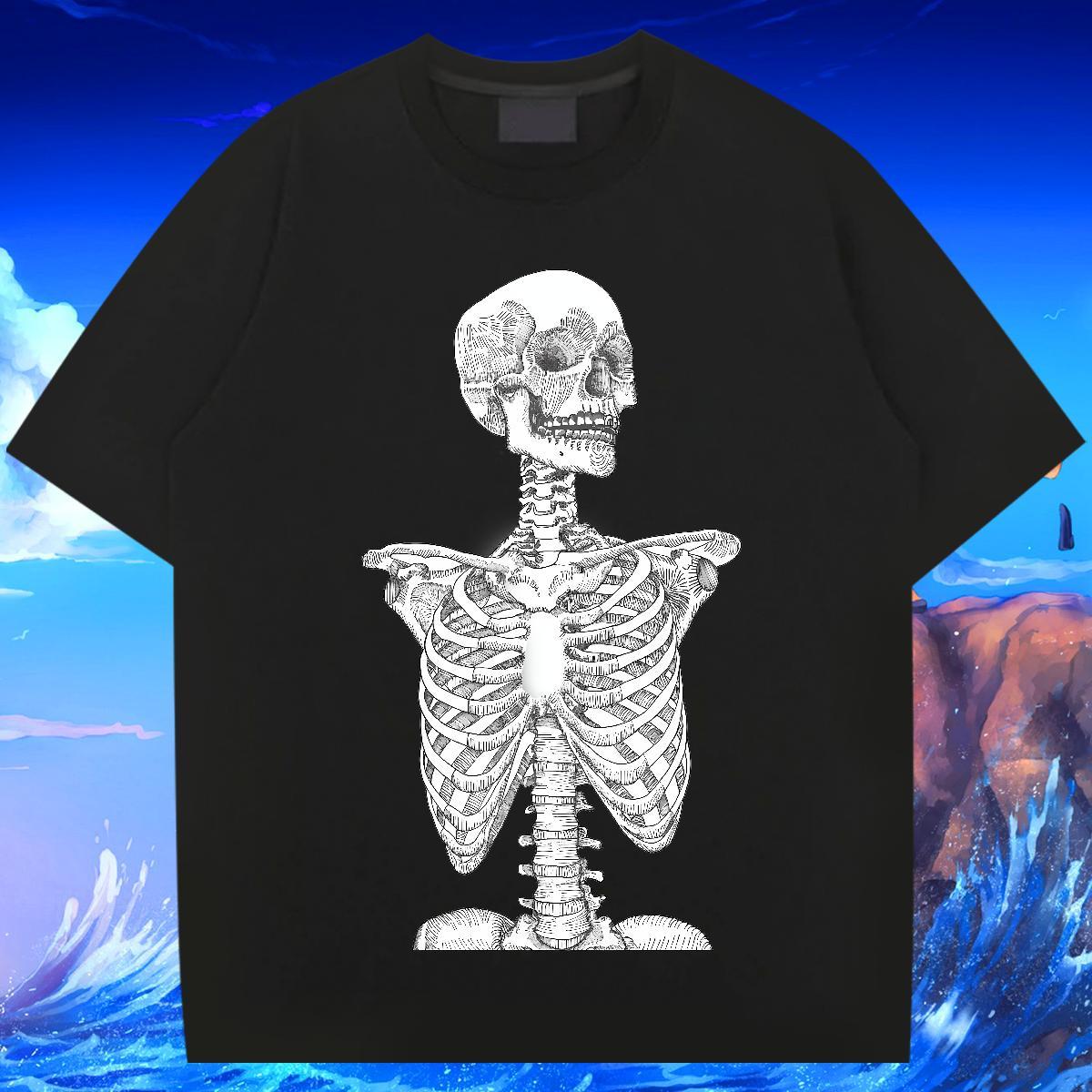 TOP Quality T-Shirts for Men 230g Pure Cotton skull Hip Hop Cartoon Print Breathable Short Sleeve Couples T Shirts Factory Direct Wear