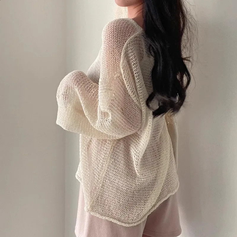 Hollow Out Chic Blouse Female Autumn Thin Knitwear Korean Loose Sweater Beige Women Fashion Jumpers Pullovers Casual Sweaters 240824