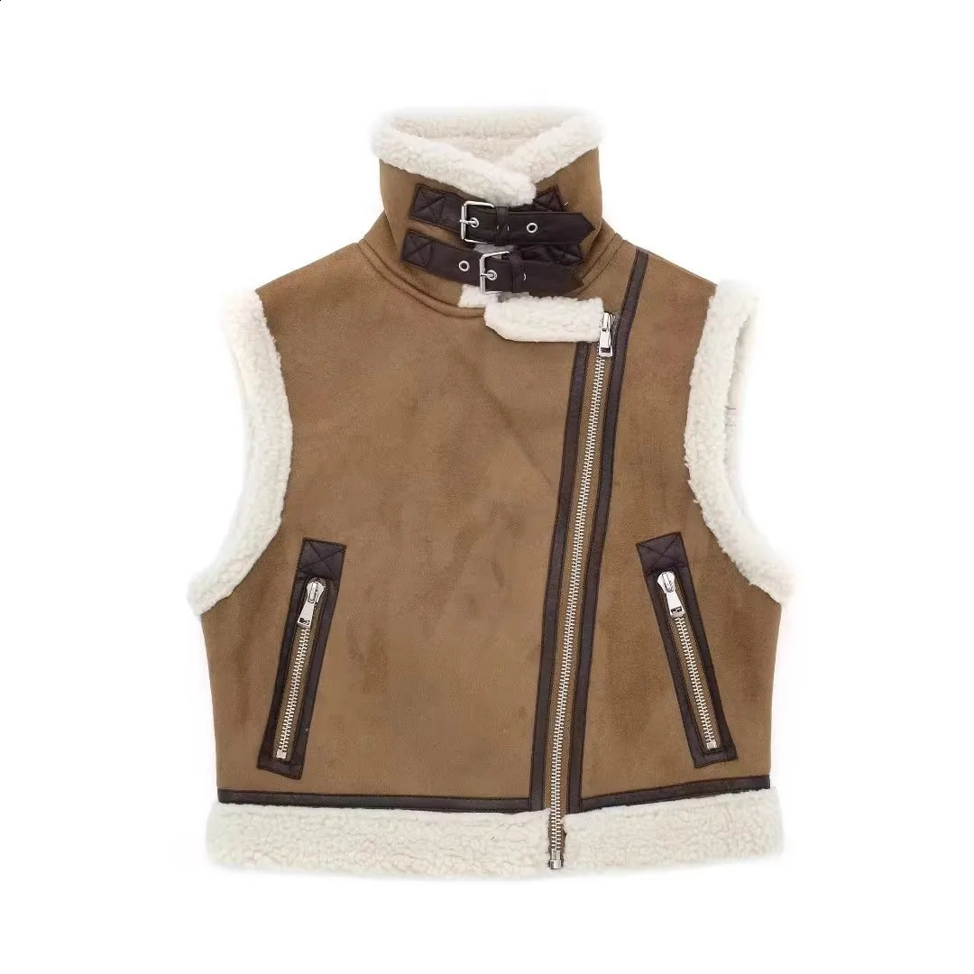 ZVRI Womens Autumn Stand collar Fur Single sided Short Tank Top Suitable for Warm Thick Coat 240824