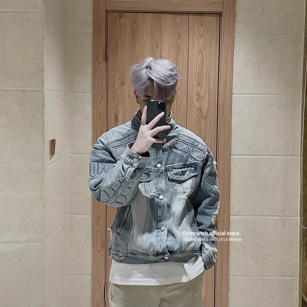 Firmranche test Armor Motorcycle Denim Jacket Mens Loose Strong Turtles Shell Tear Coat Spring Autumn 240824