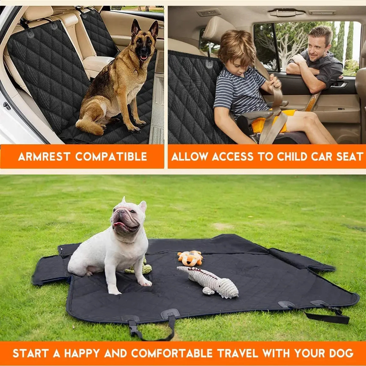 Dog car rear seat protective cover waterproof and dustproof pet seat cover black shoulder strap hanger pet travel mat 240824 ww