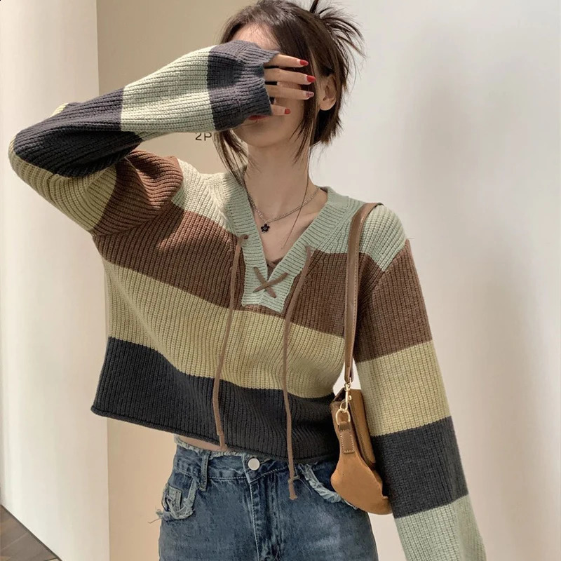 Striped Womens Sweater Autumn/Winter Tricot Knitwears Y2K Knit Sweater Long Sleeve Korean Fashion Loose Basic Tops Female 240824