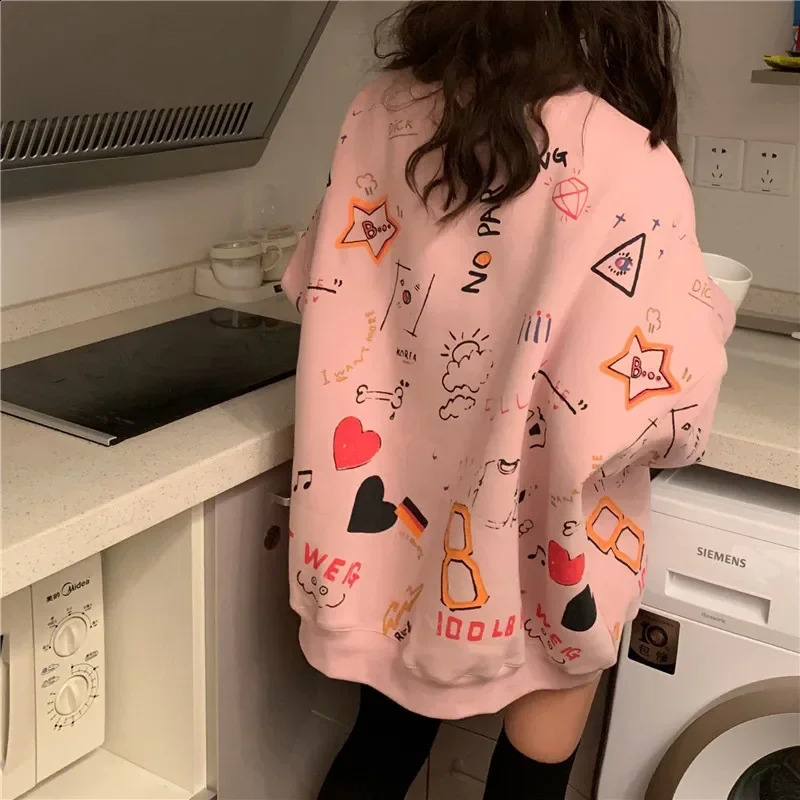 Women Sweatshirts Graffiti Pullover Tops Loose Long Sleeves Female Fashion Streetwear Spring Autumn Casual Hoodies 240824