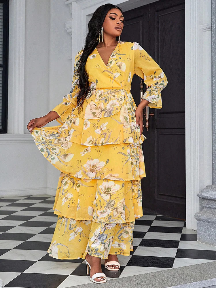 TOLEEN plus size spring/summer womens clothing floral print long sleeved hem chiffon elegant bridesmaid dress 240824