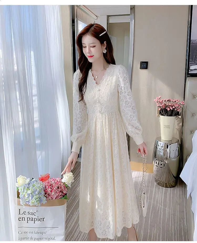 Autumn and Winter Female Elegant V-collar Mid-Length Tweed Dress Womens Lace-up Long Sleeve Waist-Slimming T686 240824