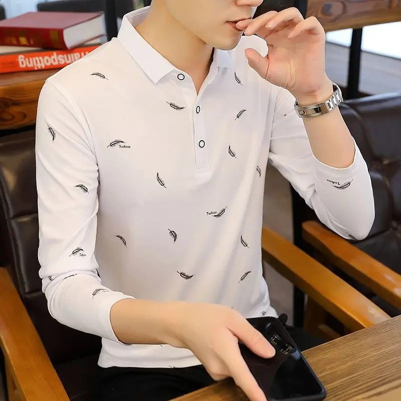 Fashion Button Printed Loose Korean Polo Shirts Mens Clothing Autumn Casual Pullovers Long Sleeve All-match Tee Shirt 240824