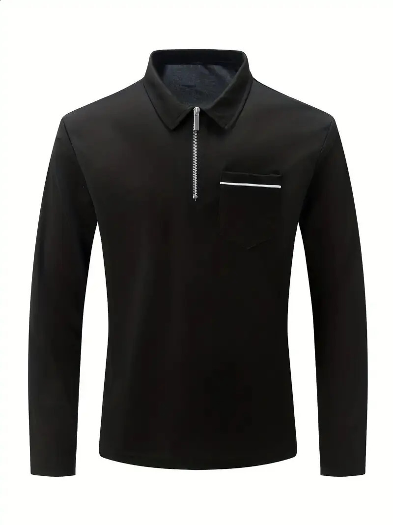 Mens autumn solid color classic daily long sleeved pocket sleeve lapel shirt casual sports zipper long sleeved polo shirt 240824