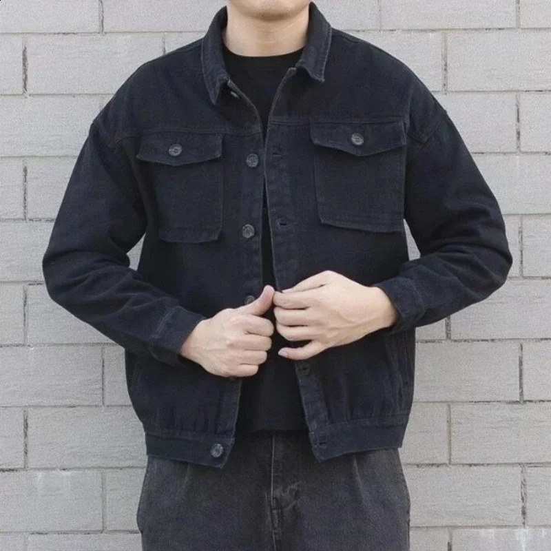 Grey autumn mens denim jacket button blue cargo Jean Coats retro winter oversized loose single piece fabric 240824